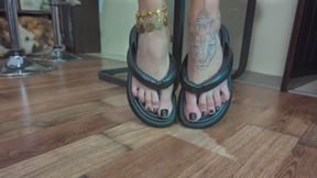 Ruslana (From Ukraine) Head Of Slave In Chest Lick Black Flip Flops And Heels - Feet Part