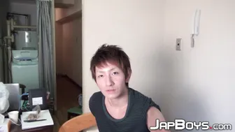 Japanese twink strips and jerks his big cock for the camera