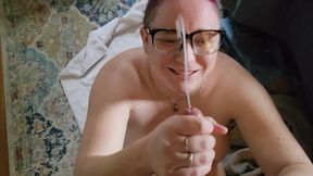 Cute milf high velocity facial cumshot on glasses POV