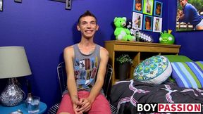 Skinny gay Bentley Ryan interviewed and jerking off to cum