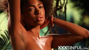 Slow motion teasing and pussy play with cute Ebony babe