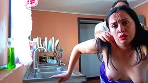 Fucking my stepmom in the kitchen topless and moaning loudly