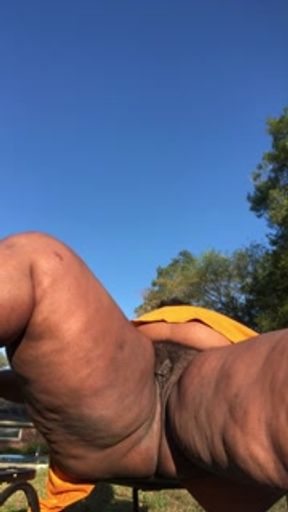 Backyard morning meditation with mommy’s pussy!