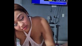 Brunette rides cock while bouncing big natural tits