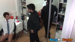 Hairy mature man has raw fucking threesome with twinks