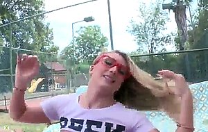 Aj applegate pounds her own throat with a big juicy dick