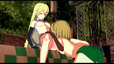 Ryuu Lion and Aiz Wallenstein have lesbian sex in the garden - Danmachi Hentai