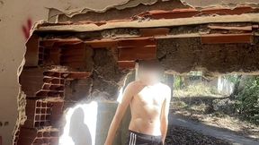 exploring an abandoned building, 2 amateur boys remove their clothes and one starts to jerk off