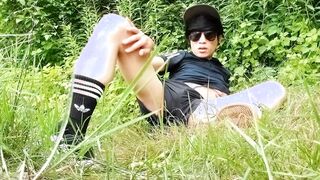 Caught crimson-passed, this Chinese dude lurks in the bushes to masturbate off while attempting to get his trunk swell again