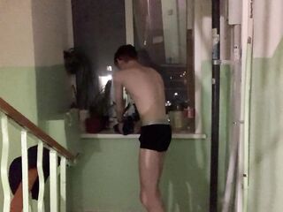 Disrobe nude and ride the elevator