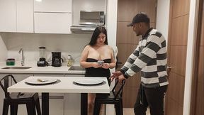 Curvy Colombian babe pays the delivery guy with her big ass and juicy tits, gets fucked hard and ends up with cum in her mouth! Antonella Jones