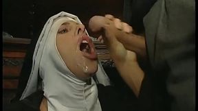 Dirty nun sucks a pair of cocks