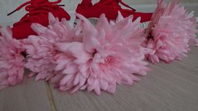 Crushed chrysanthemums with red sneakers b