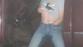 Jeans wetting outside my truck Pee in jeans outside taboo