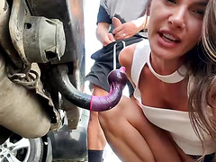 Hot Brunette Gives Sloppy Blowjob in Car Then Sucks in Public