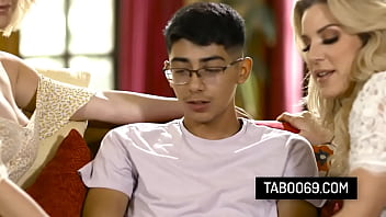 Busty stepmom Kit Mercer don&#039_t mind sharing her stepson&#039_s dick with her bestie Kayla Paige