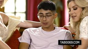 Busty stepmom Kit Mercer don'_t mind sharing her stepson'_s dick with her bestie Kayla Paige