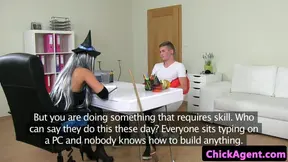 Casting euro in uniform riding on cock