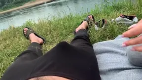Getting sucked off under sun-kissed sky, faces exposed, public humiliation