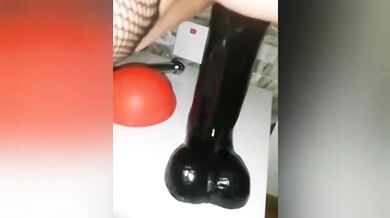Bed post pounding with huge dildo and vegetable insertions