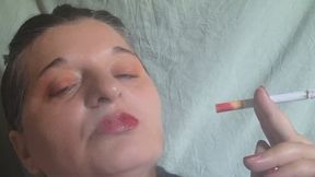 Smoking a Cigarette with Bold Red Lipstick & White and Blue Plaid Blouse.