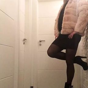 Nicki-Crossdress - black mini dress, high heels and new jacket