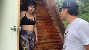 A newcomer stumbles upon a hot brunette who has her pussy pleased by him