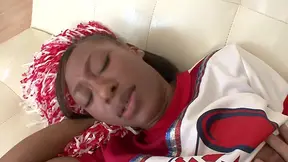 Brunette cheerleader gives a handjob to her tall, black rival