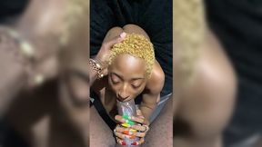 Tiny ebony takes care of black monster cock