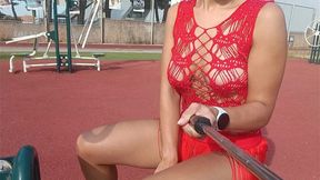Exposed skin and lace-clad allure in a bold public display