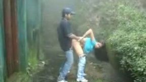 Nice blowjob outdoors by the dark haired young bitch