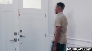 Hot gay couple & considerable coalblack penis property owner trio