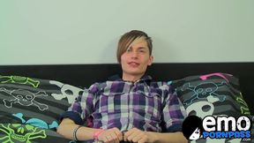 Skinny twink reveals his big uncut dick and jerks off