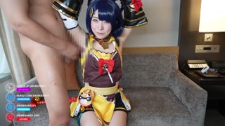 Japanese cosplayer gives a guy an armpitjob and handjob.