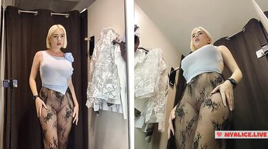 Blonde curves strut in mall fit tryon milf flashing