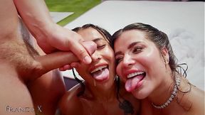9 guys fuck 2 slutty brunettes in lingerie outdoors