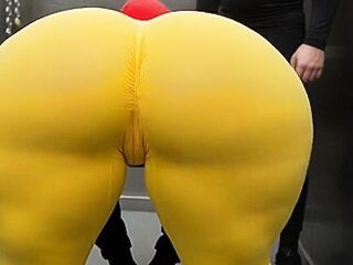 Large Butt Latin babe in Constricted Yellow Leggings Dancing in the Elevator