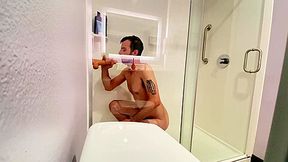 Straight Guys First Time Riding His Big White Dildo In Hotel Shower