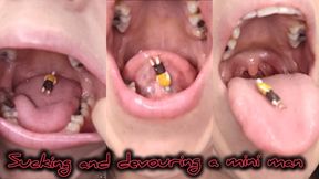 Giantess ,licks, enjoys and devours a mini man