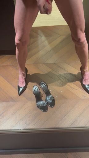Fabulous cumshot on my black sandals