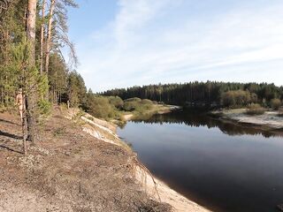 Stripped gal walks along the river and forest