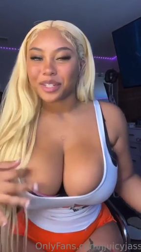 Natural big-titted amateur babe shows off her boobs at home