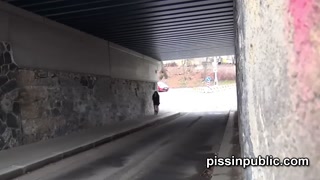 Lovely girls in tight jeans made it still in time to squat down and pee