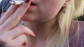 Bra & Cigarette – Theresa Smoke flips her hair while smoking in the car with Boob Focus and Blonde Fetish Vibe