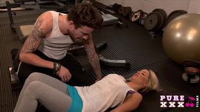 Fluffy blonde rides athletic coach's pole &mdash;  sweaty encounter