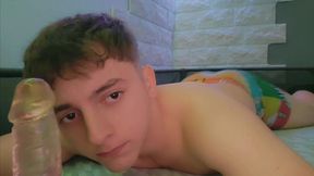 cute twink boy sucks his dildo and moans