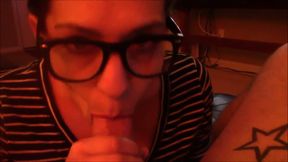 Nerdy chick takes my friend's big prick in mouth for a nice head