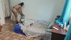 Submissive maid cleaning the Master room