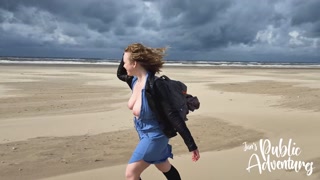 Risky public outdoor flashing &amp; fucking my dildo on the beach