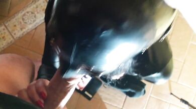 Laura in fishnets deepthroating booted stepsister on her knees